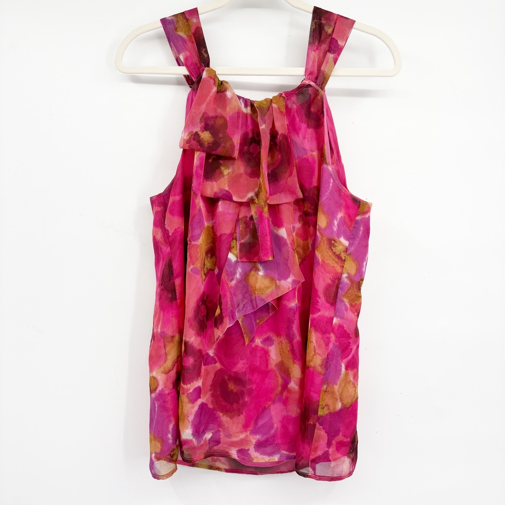 Ann Taylor LOFT Womens Chiffon Floral Watercolor Ruffle Bow Back Halter Top XL